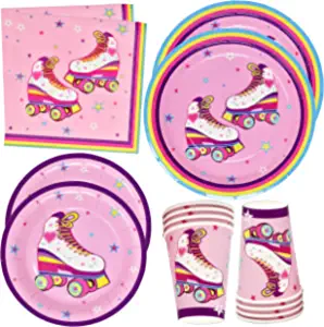 Roller Skating Party Supplies Tableware Set 24 9" Paper Dinner Plates 24 7" Plates 24 9 Oz Cups 50 Lunch Napkins for Girls Teens Roller Skate Retro Themed Disposable Birthday Dinnerware Decorations