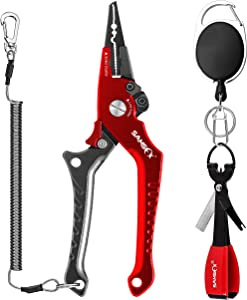 SAMSFX Aluminum Fishing Pliers Hook Remover Braid Line Cutter with Coiled Lanyard Fly Fishing Knot Tying Tool & Retractors