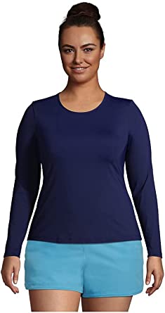 Lands' End Women's Long Crew Neck Long Sleeve Rash Guard UPF 50 Sun Protection Modest Swim Tee