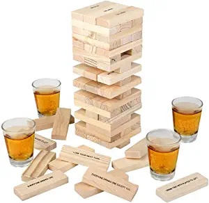 ArtCreativity Tumbling Tower Drinking Game, Drinking Game with 4 Glasses and 60 Wooden Blocks with Challenges, Fun House Party Games for Game Night, Great Gift Idea