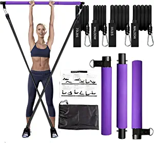 MALOOW Portable Pilates Exercise Bar Kit with Adjustable Resistance Bands and Travel Bag for Use at Home, Gym, Office, or Travel