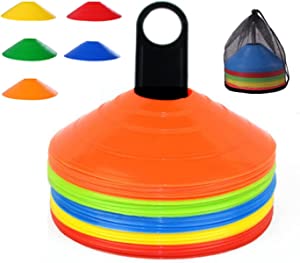 YOQXHY Soccer Cones (50 Pcs) Disc Cone Agility Training Sports Cone Plastic with Carry Bag & Holder for Kids Football Basketball Drills Field Markers,