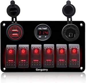 Gerguirry 6 Gang Marine Rocker Toggle Switch Panel with Fuse 12V/24V Dual USB Charger & Voltmeter/Power Socket Waterproof for Car Marine RV Truck Boat