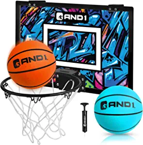 AND1 Over The Door Mini Hoop: - 18x12 Pre-Assembled Portable Basketball Hoop with Flex Rim, Includes Two Deflated 5 Mini Basketball