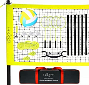 G&S Volleyball and Badminton Set for Backyard and Outdoors with Easy Set-up Volleyball Net + 4 Pro Badminton Rackets + Carrying Bag + Volleyball + Ball Pump, Complete Bundle