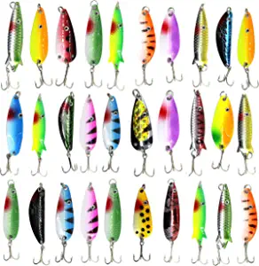 Fishing Spoon Metal Fishing Lure Kit - 30pcs Colorful Hard Fishing Spinner Baits, Metal Spoon with Treble Hooks Salmon Bass for Saltwater Freshwater Fishing