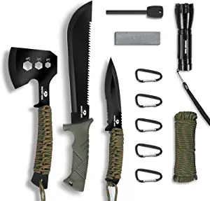 Axe and Fixed Blade Knife with Sheath, One-Piece Camping Hatchet and Hunting Knife with Rope Handle, Includes Zoomable Flashlight and Many Other Tools, 15 Pieces Camping Tool Set