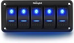 Nilight - 90110E 5 Gang Aluminum Rocker Switch Panel Toggle Dash 5 Pin ON/Off Pre-Wired Rocker Switch Blue Backlit Switch for Automotive Car Marine Boat RV,2 Years Warranty