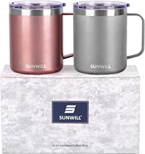 SUNWILL 14 oz Coffee Mug Set, Vacuum Insulated Camping Mug with Lid, Double Wall Stainless Steel Travel Tumbler, Coffee Cup Outdoor, Cool Grey & Rose Gold 2 Pack