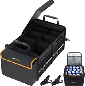 HEYTRIP Sturdy Trunk Organizer With Leakproof Cooler Bag, 2 Adjustable Tie-Down Straps, 4 Removable Dividers, Foldable Cover, Built with 2mm PE Board