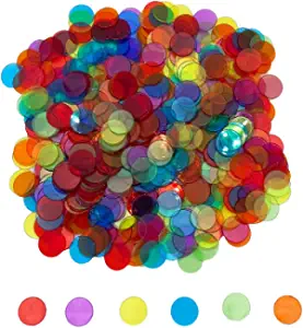 JUNWRROW 500 Pieces 3/4 inch Transparent 6 Color Bingo Counting Chips with Bag