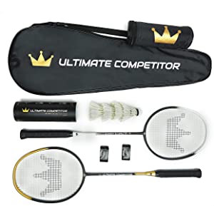 Ultimate Competitor Badminton Racket Set of 2 - Includes 2 Premium Graphite Rackets, 4 Feather Shuttlecocks, 2 Grips, and 1 Carrying Case