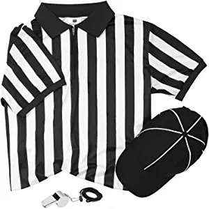 FitsT4 Official Black & White Stripe Referee Shirt Zipper Ref Jersey Uniform Short Sleeve Umpire with Pro Referee Cap Stainless Steel Whistle with Lanyard for Basketball Football Soccer