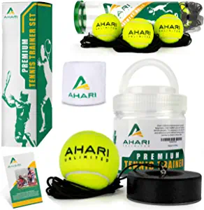 Ahari Unlimited Premium Tennis Trainer Set, Pro Tennis Rebounder with Metal Base in a Carrying Cylinder, 3 Replacement Rebound Balls, & Wristband, Portable Tennis Practice Equipment for Solo Training