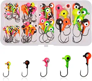 Fishing Jig Head Hooks Set, 60pcs Fishing Lures Jig Head Bait Assorted Round Head Jig Hooks for Soft Worm Shrimp Lures Freshwater Saltwater Fishing Tackle Kit