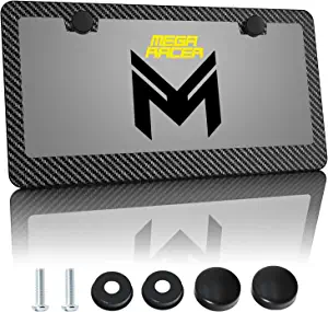 Mega Racer Carbon Fiber License Plate Frame - Black Aluminum Metal with 3K 2x2 Twill Carbon Fiber Printed Pattern - 2 Hole with Screws Kit Clear Coat UV Protection Waterproof Car Wash Safe, 1 Piece