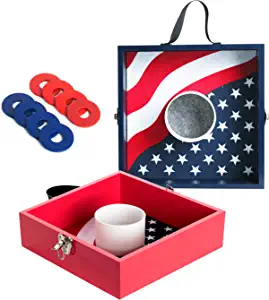 Wooden Washer Toss Game Outdoor Games Giant Yard Lawn Games Flag Pattern with 8 Washers and Handle for Beach,Camping, Lawn and Backyard
