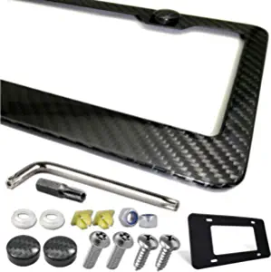 ZXFOOG Carbon Fiber License Plate Frame- 100% Handcrafted Real Carbon Fiber Cloth Wrap Holder, Wide Edge Black Aluminum Car Tag Cover with Stainless Steel Screws Caps, Rattle Proof Pad, 1 Pack 2 Hole