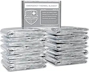 Swiss Safe Emergency Mylar Thermal Blankets, Designed for NASA, Outdoors, Survival, First Aid, Silver, 10 Pack