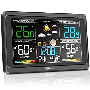 Geevon Weather Station Wireless Indoor Outdoor Thermometer, Large Color Display Temperature Humidity Monitor with Comfort Indicator, USB Charging Port and Adjustable Backlight