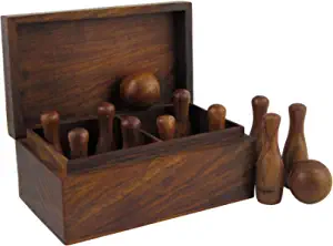 Ajuny Wooden Handcrafted Set of 10 Bowling Pins 2.25 Inch Each and 2 Mini Bowling Bowls 1.25 Inch