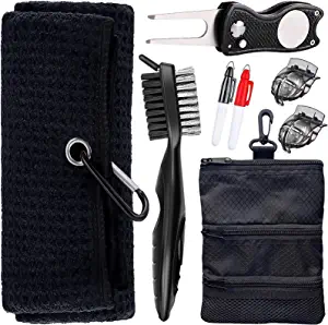 Golf Towel and Tool Accessories Bag KIT - Comes with a Golf Towel, Golf Club Cleaner, Divot Repair Tool, Golf Club Brush, Golf Ball Marker. This are The Perfect Golf Accessories for Men and Women.