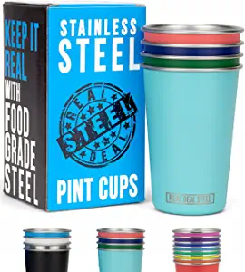 Real Deal Steel Party Pints: 16 oz Pint Cups, Stackable Tumblers, Eco Friendly Premium Metal Drinking Glasses