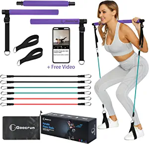Goocrun Portable Pilates Bar Kit with Resistance Bands for Men and Women - 6 Exercise Resistance Bands (15, 20, 30 LB) - Home Gym Equipment - Supports Full-Body Workouts with Video