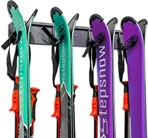 Ski Storage Rack, Wall Mounted, Holds 4 Pairs of Skis & Skiing Poles or Snowboard, for Home and Garage Storage, Wall Mounted, Heavy Duty, Rubber-Coated Hooks,