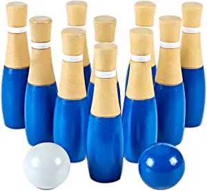 ApudArmis Wooden Lawn Bowling Set, Backyard Bowling Pins Outdoor & Indoor Family Game for Kids Teens - Includes 10 Wooden Pins/2 Balls/Drawstring Bag (7.5 in)