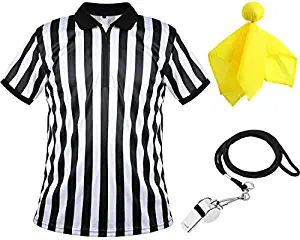 Men's Official Umpire Jersey, Black and White Stripe Overturned Collar Referee Shirt, Yellow Penalty Flag and Stainless Steel Whistle with Lanyard for Basketball Football Soccer