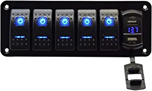 5 Gang Rocker Switch Aluminum Panel with 4.8 Amps Dual USB Rocker Style Fast Charger with Voltmeter Blue Backlit Led Pre-Wired for Marine Boat RV Truck