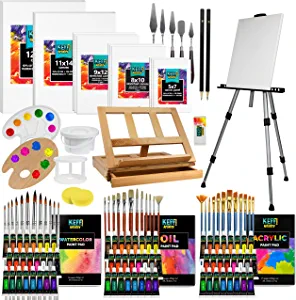 KEFF Large Super Deluxe Artists Painting Set - Professional Art Paint Kit Supplies for Adults and Kids with Acrylic, Watercolor & Oil Paints, Field & Table Easel, Canvases, Brushes and More