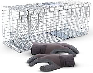 SAFETRAP Large Cage Trap for Live Animals + Bite Proof Gloves - 32" One-Door Humane Live Cage - Heavy Duty Animal Trap - Ideal to Catch & Release Raccoon, Chipmunk, Rabbit, Groundhog, Cat