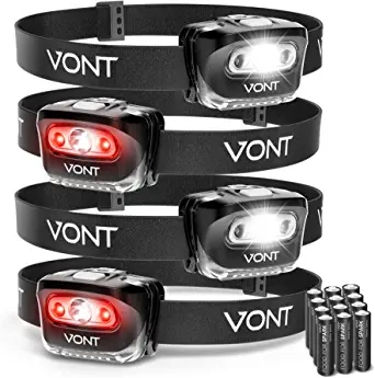 Vont LED Headlamp. IPX5 Waterproof, [4 Pack, Batteries Included] 7 Modes incl/ Red Light, Head Lamp for Running, Camping, Hiking, Fishing, Jogging, Headlight Headlamps for Adults & Kids, Red