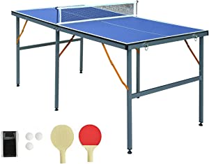 HooKung 6 ft Table Tennis Table Ping-Pong Tables Set - 100 Preassembled Foldable & Portable Ping Pong Family Game Tables with All-Weather Aluminum Composite Frame & Removable Net for OutdoorIndoor