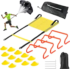 X-UMEUS Agility Ladder Speed Training Equipment Set - Includes 20ft Agility Ladder, Resistance Parachute, 4 Agility Hurdles, 12 Disc Cones for Training Football Soccer Basketball Athletes