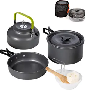 swiftrans Aluminum Outdoor Camping Cookware Set, Folding Cookset Camping Teapot and Pans Set EquipmentLightweight Pots, Pans with Mesh Set Bag for Backpacking, Hiking, Picnic