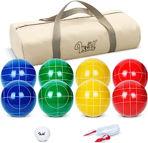 100mm Bocce Ball Set Regulation Size and Weight with 8 Resin Bochie Balls, Pallino, Carrying Bag, Measuring Rope, Gift for Family Backyard Lawn Yard Beach Bocci Games (Multi Colors, 2-8 Players)