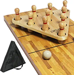 YDDS Shuffleboard Bowling Pin Set with 10 Pcs Premium Hardwood Bowling Pins Durable Triangular Pinsetter Resin Bowling Ball and Carrying Bag, Fun for Shuffleboard Games