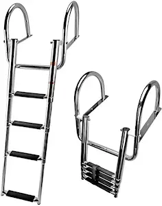 COC-LF 4 Steps Pontoon Boat Ladder, Stainless Steel Folding Telescoping Rear Entry Inboard Ladder Heavy Duty Custom Swim Deck Ladder with Pedal Hand Railing Ladder