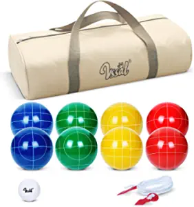 VSSAL Bocce Balls Sets 90mm for Family Backyard Bocci Games Beach Lawn Yard Kids, Set of 8 Polyresin Bochie Ball, 1 Pallino, Carrying Bag, Measuring Rope (Green/Yellow/Red/Blue, 2-8 Players)