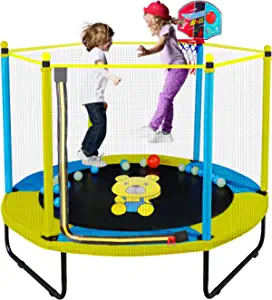60" Trampoline for Kids, 5FT Indoor Outdoor Trampoline with Enclosure Net, Mini Baby Toddler Trampoline with Basketball Hoop, Recreational Trampolines Birthday Gifts for Children.