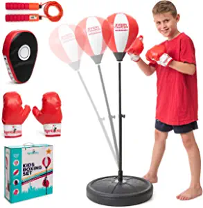 Romi's Way Punching Bag for Kids with Adjustable Stand - Boxing Equipment Set with Kid boxing Gloves, Jump Rope, Interactive Focus Pad, Air Pump- Birthday Sports Gifts for Age 3-8 Year Old Boys &Girls
