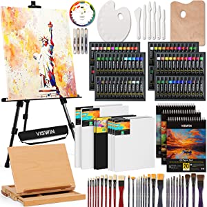 VISWIN 152 Pcs Super Deluxe Painting Kit with Tabletop & Field Easel, 96 Oil, Watercolor & Acrylic Paint Set, Canvas, Paintbrush, Palette, Professional Painting Set for Adult, Artist, Beginner