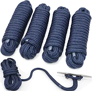 INNOCEDEAR Double-Braided Nylon Dock Line-1/2 x 20' ( Eyelet: 12 inch, 4 Pack Navy Blue,Professional Boat Rope).Hi-Performance Marine Boats Mooring Rope Dock Line