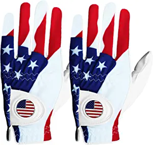 Golf Gloves Men Left Hand Right with Ball Marker USA Flag Value 2 Pack Leather Breathable Comfortable Weathersof Grip Size Small Medium ML Large XL
