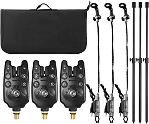 Lixada Fishing Bite Indicators Kits, 3 Wireless Fishing LED Alarm Alert 3 Extending Aluminum Alloy Fishing Bankstick 3 Fishing Swinger with Padded Fishing Tool Bag, Fishing Bite Alarm Set
