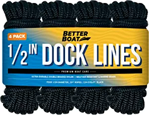 Boat Dock Lines & Rope Boat Ropes for Docking 1/2" Line Braided Mooring Marine Rope 25FT 1/2 Inch Nylon Rope Boat Dock Lines for Docking Boat Lines Boating Rope Braided with Loop Black 4 Pk