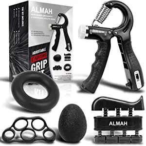 ALMAH Hand Grip Strengthener kit(5 Pack),Grip Strength Trainer,Forearm Workout Trainer Adjustable Hand Grip Exercise,Finger Strength Exerciser, Finger Stretcher, Grip Ring & Stress Relief Ball with Carry Bag
